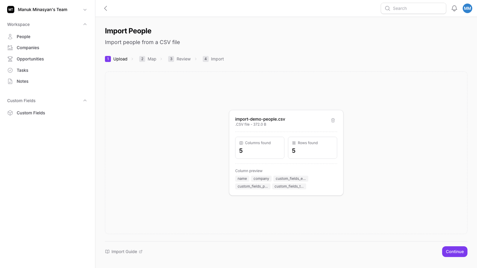 Parsed CSV file with row and column stats
