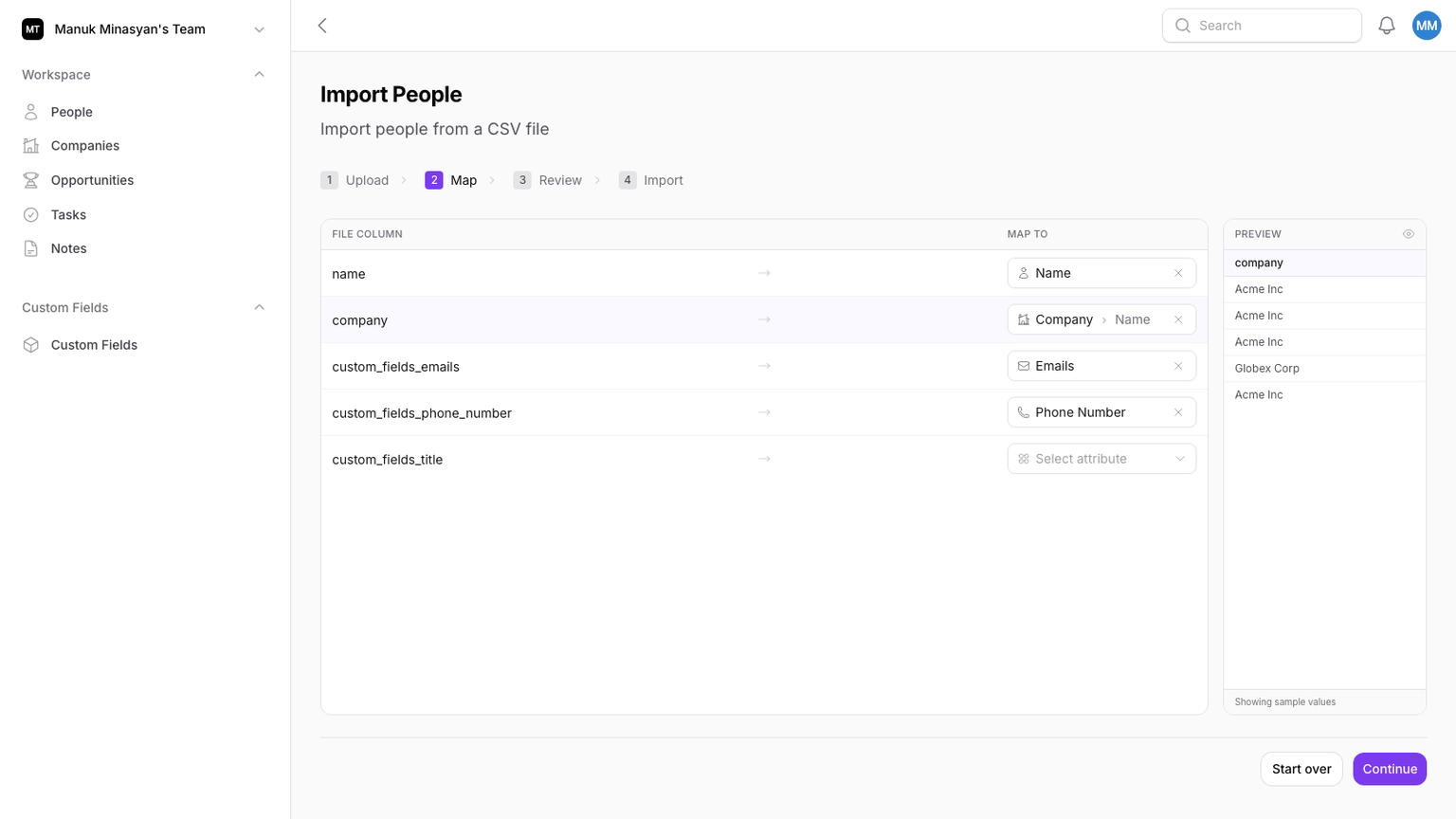 Column mapping step with auto-mapped fields